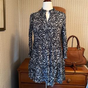 J. Crew Blue and White Sundress with Mock Neck and 3/4 Sleeves